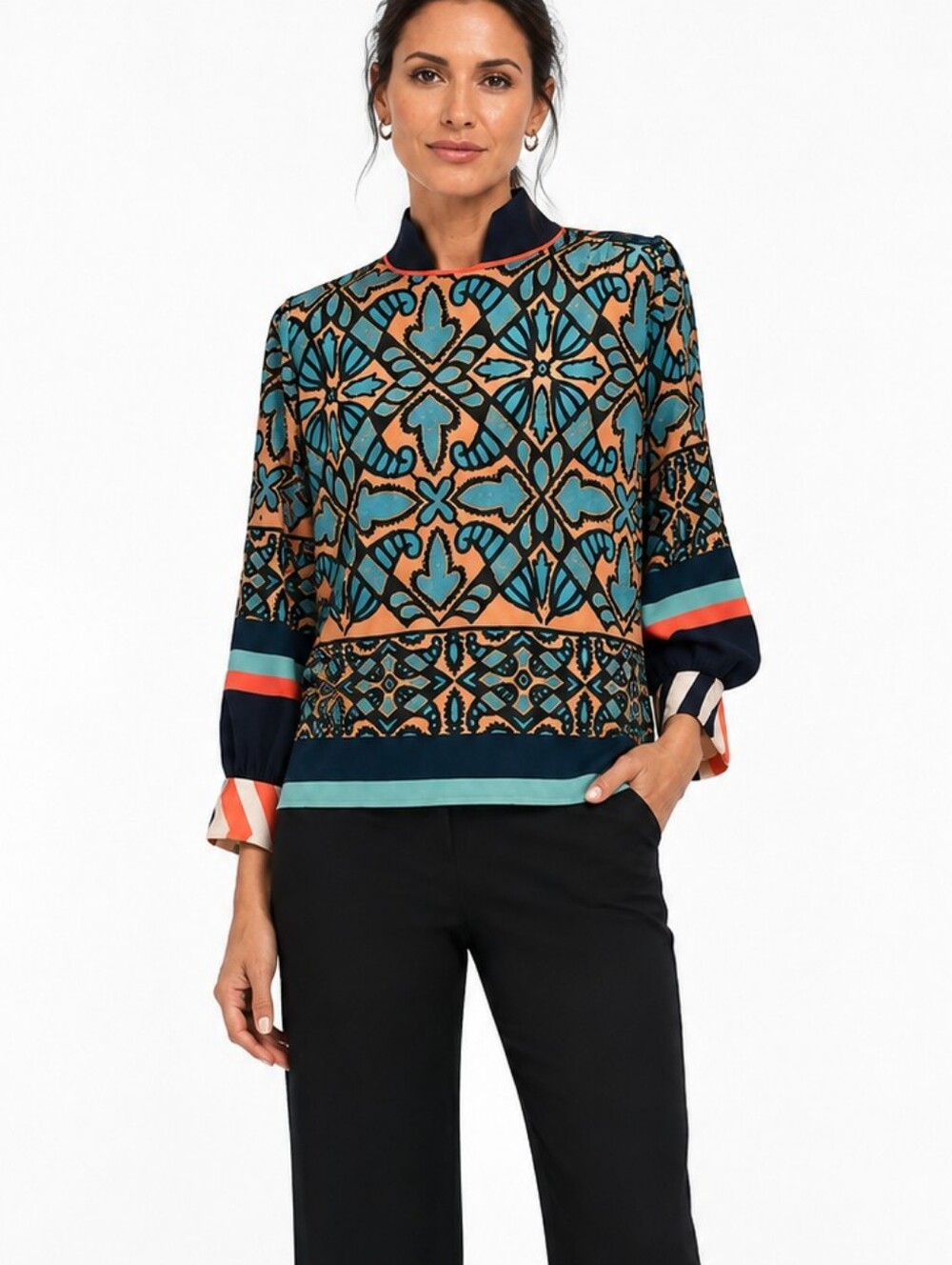 Clover Canyon Top Orange and Aqua Geometric Blouse